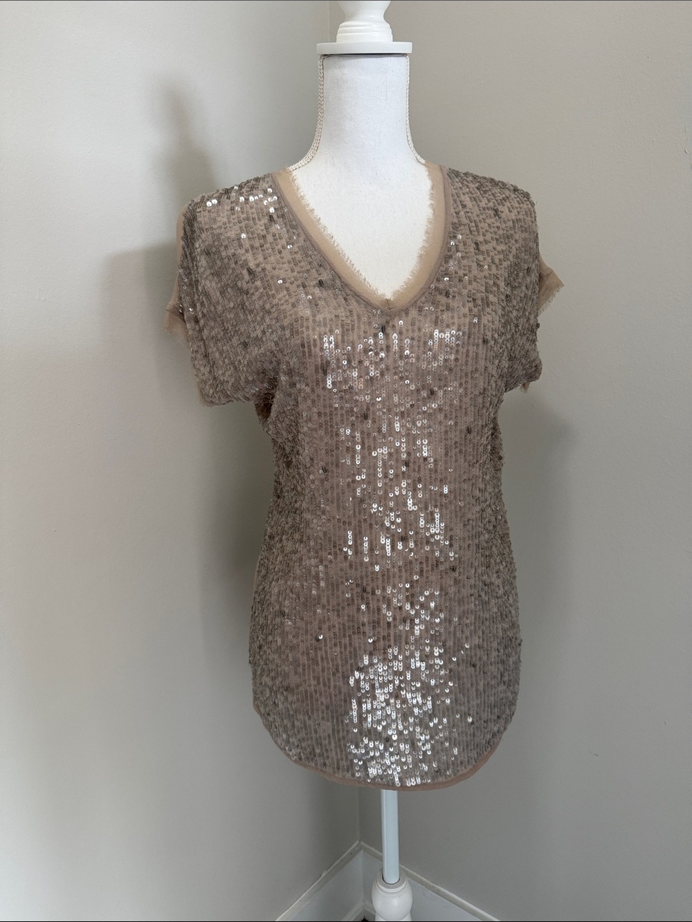 Chan Luu Taupe Sequin V-Neck Short Sleeve Top